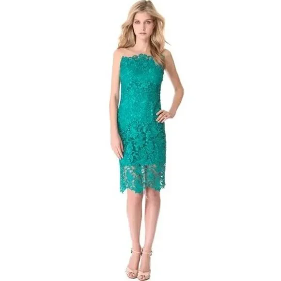 Marchesa Notte Teal Lace Cocktail Midi Dress $795 Marchesa Notte Teal Lace Cocktail Midi Dress $795
